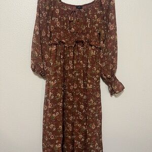 Floral Long Sleeve Dress - Brown